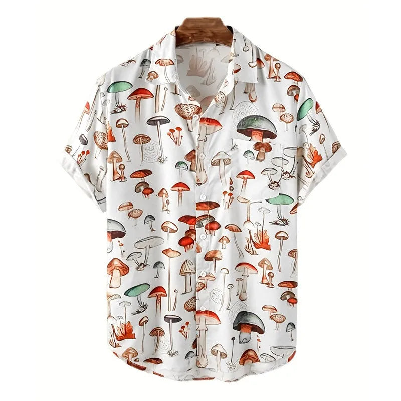 New Summer Men Hawaiian Style Shirt Fashion Casual Streetwear Turn-down Collar Short Sleeve Cartoon Mushroom Beach Printed Shirt