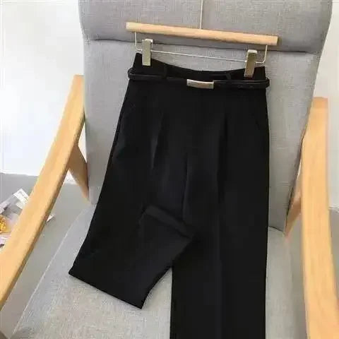 Elegant Summer Casual Pants Women Fashion Solid Color Sashes Slim Straight Trousers Chic Business Mujer Retro Belt Korean Style