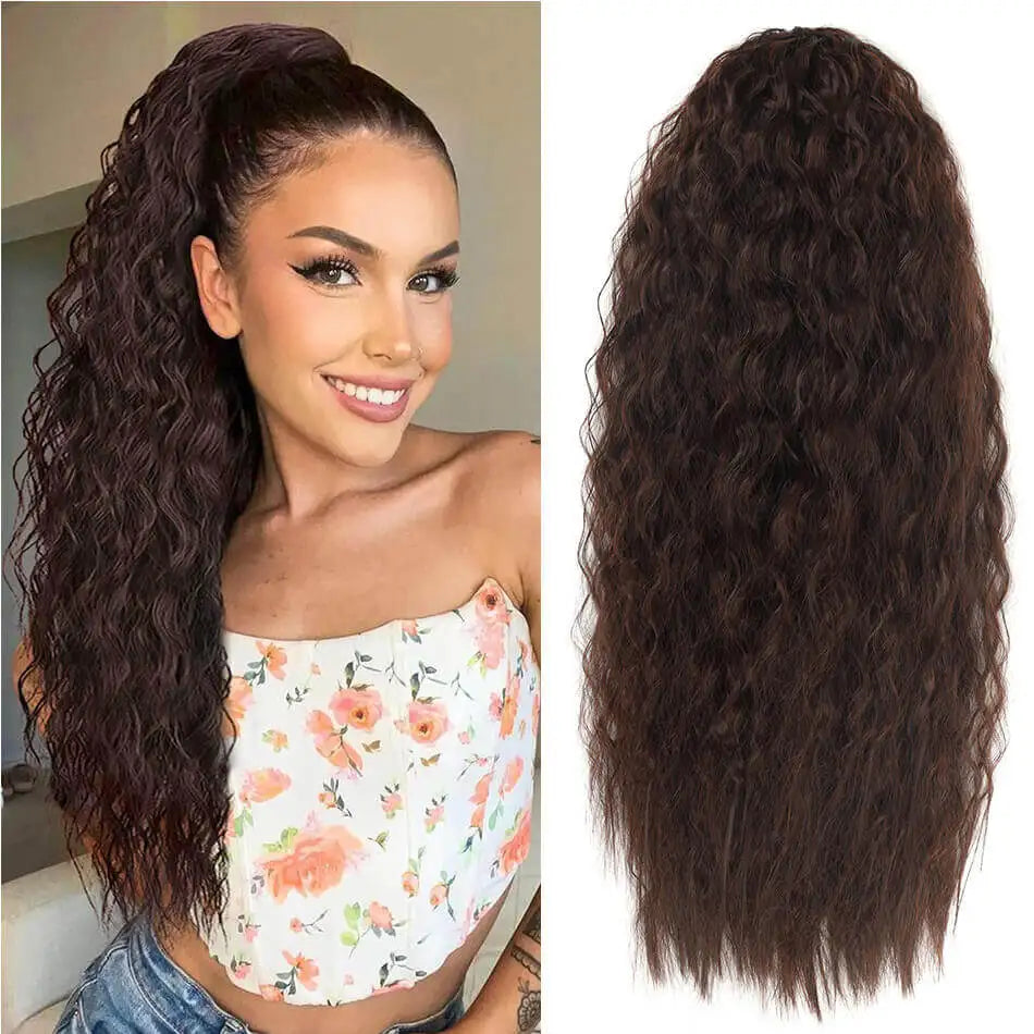 Alana Synthetic Long Natural Wave Drawstring Ponytail 22inch Clip in Hair Extensions Blonde Natural Hair Fake Weave Ponytails