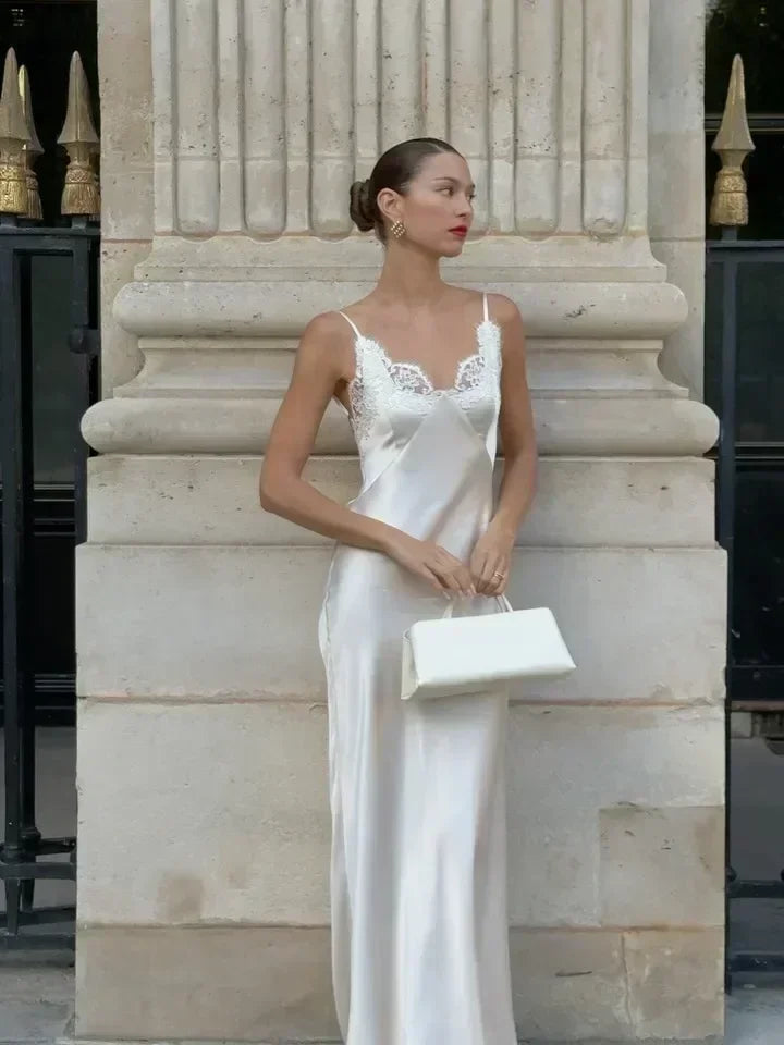 Women V-neck Satin Sling Maxi Dress Sexy White Lace Patchwork Sleeveless Backless Slim Gowns 2026 Evening Party Chic Dresses New