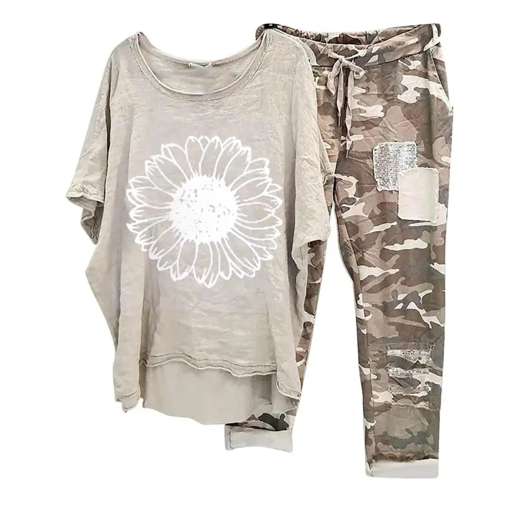 Trendy Women T-shirt Pants Set Half Sleeves Two Piece Suit Women Summer Outfit Plus Size Elastic Waist Sports Outfit