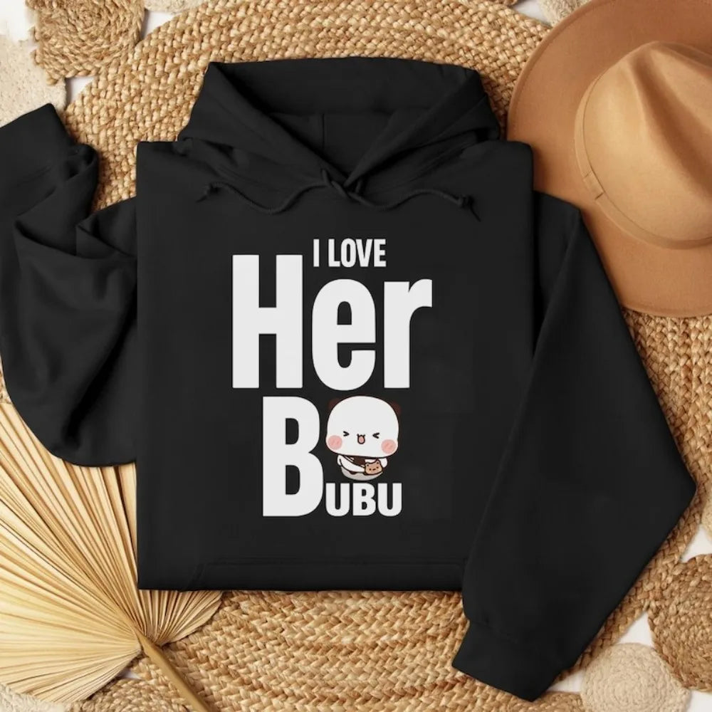 I LOVE HER HIS Bubu Dudu Bear Sweatshirt Cute Matching Couple Hoodies Anniversary Gift Clothing Men Women Casual Daily Life Tops