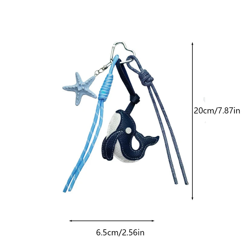 Exquisite Blue Whale Pendant Keychain,Cartoon Cute Starfish Whale Woven Rope Charm Car Bag Decoration Creative Gift