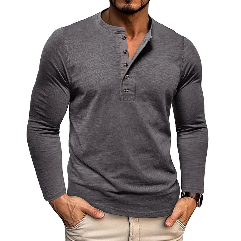 New Autumn Long Sleeve T-Shirt Mens Casual Solid Color Top Henley Neck Slim Versatile Work T-shirt Breathable Outdoor Thin Tee