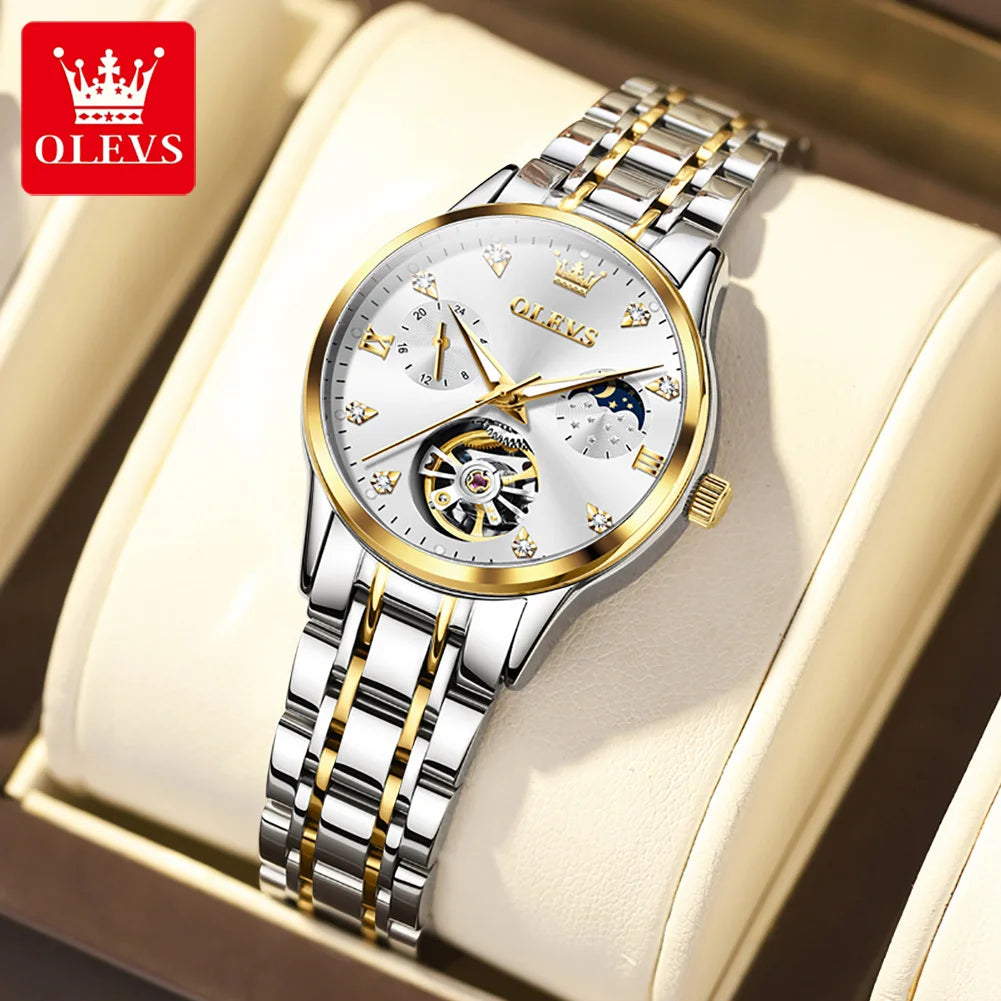 OLEVS 6608 Women Watch Original New Luxury Watch Stainless Steel Automatic Mechanical Diamond Scale Waterproof Watches For Women