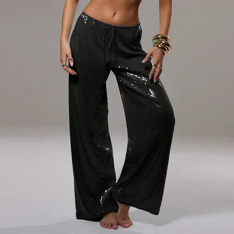 Women Sequin Pants Cinched Waist Glitter Baggy Straight Long Trousers