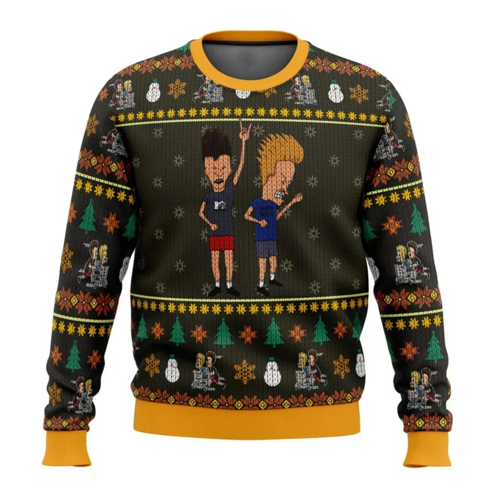Xmas Rock Beavis and Butthead Ugly Christmas Sweater Cartoon Anime Women Men Pullover Tops New Fashion Couple Hoodie Sweatshirt BAZAARHUBO