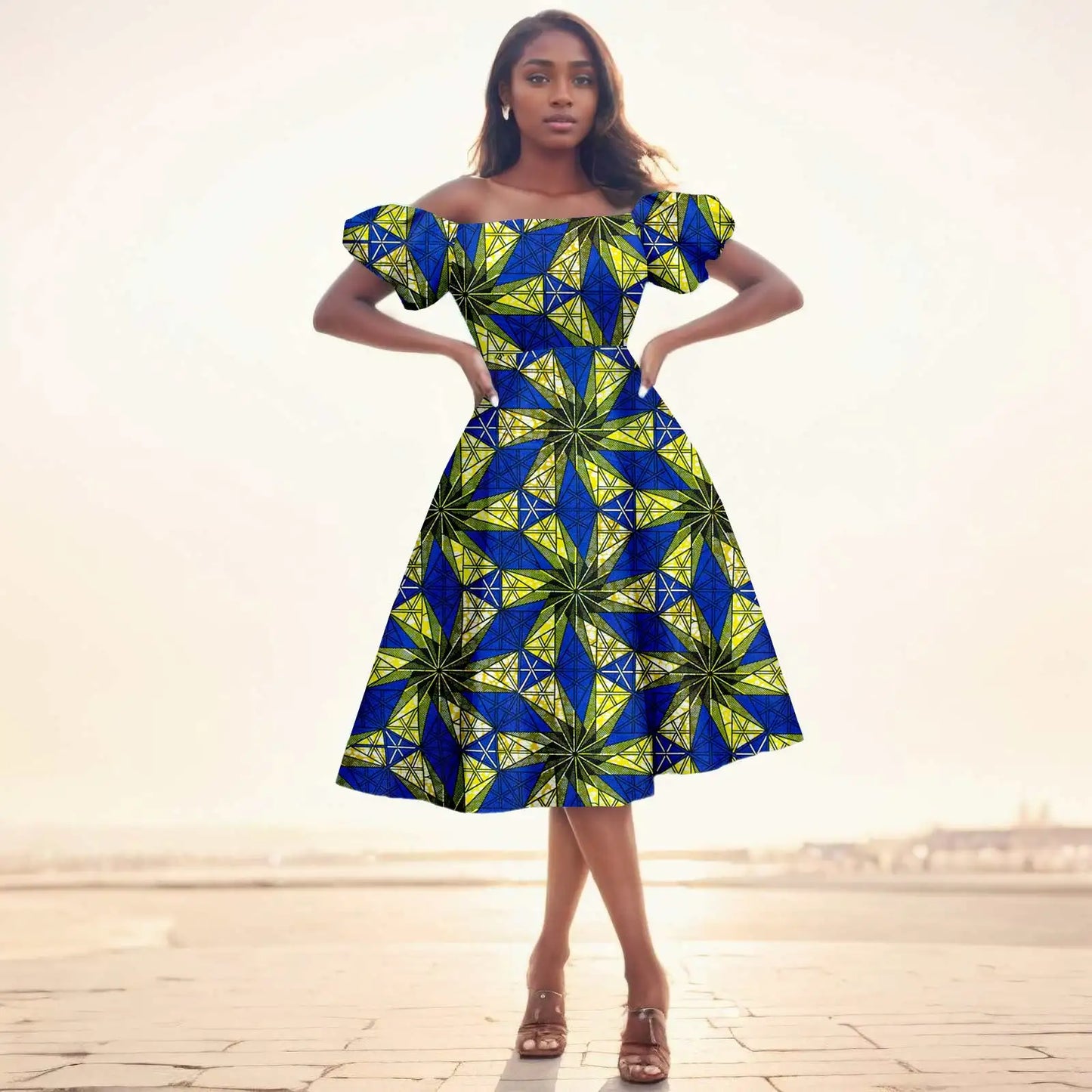 African Dresses for Women Short Sleeve High Waist Print Midi Dress Ankara Attire Traditional Outfit Elegant Fashion Wear 2425102