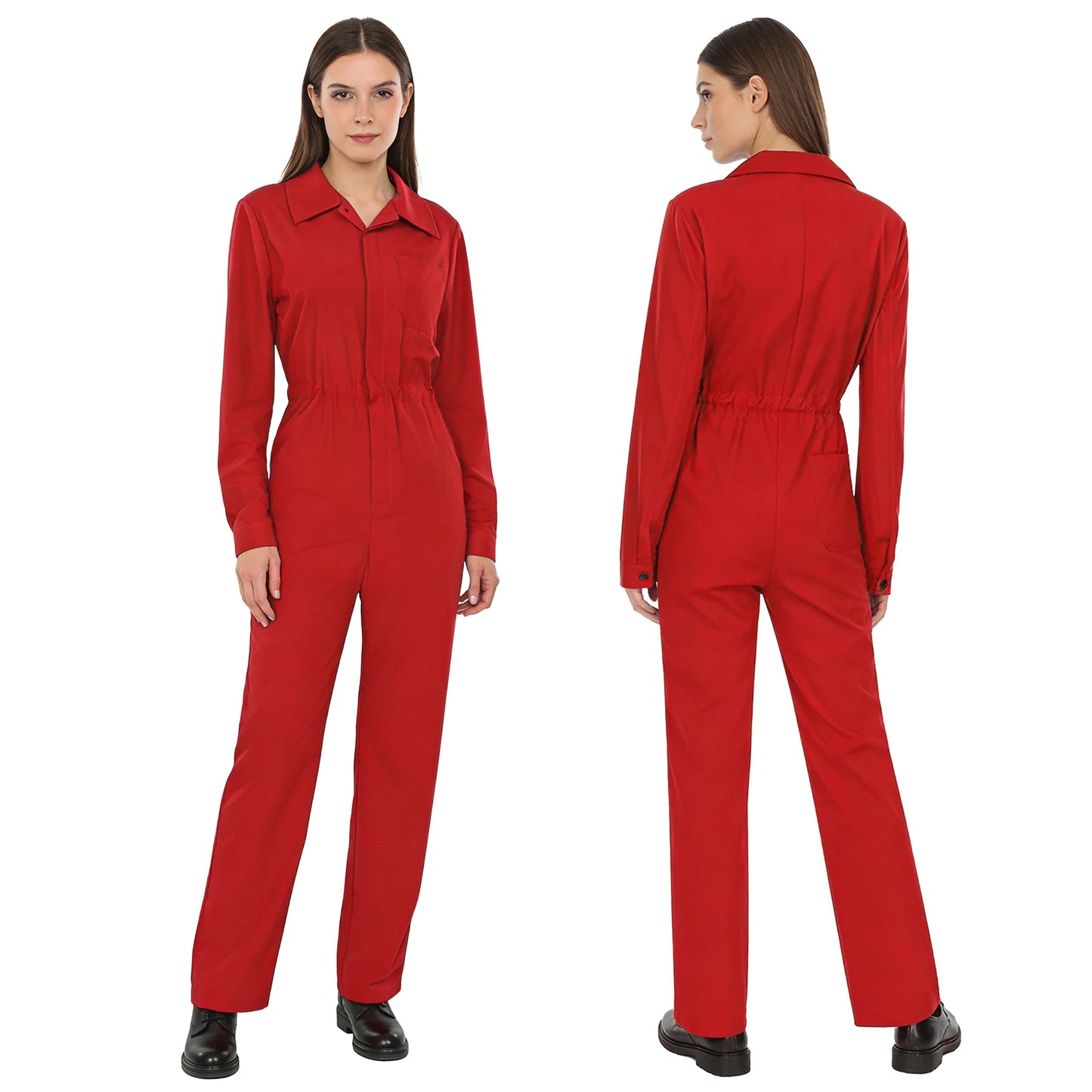 Womens Coverall Solid Color Turn-Down Collar Long Sleeve Button Jumpsuit Mechanic Work Overalls Fashion Casual Cargo Rompers