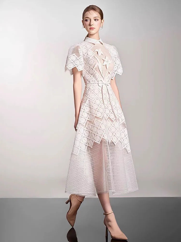 QMQA Fashion Women's Evening Dress Lapel Short Sleeve Lace Patchwork 3D Flower Lace-up Elegant Dresses Spring 2025 New QM269