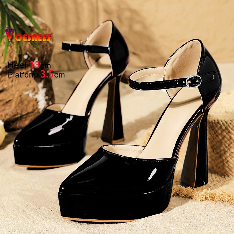 2025 Summer Thick Platform Shoes For Women Fashion Pointed Cover Heel Outdoors Buckle Strap Elegant Lady Sandals 13CM High Heels
