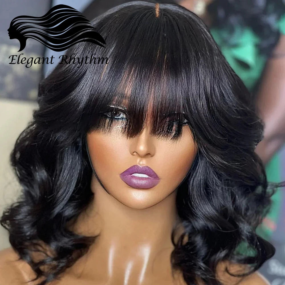 Fake Scalp Curly Wig With Bangs 180% Density Glueless Kinky Curly Brazilian Virgin Human Hair Lace Wigs with Bangs Natural Black