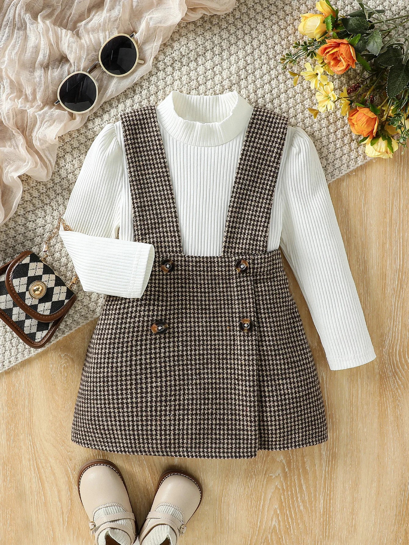 Children Autumn Fashion Clothes 2 Pieces Suit White Turtleneck Ribbed Tops+Plaid Suspender Skirt Kids Sets Clothes Casual 1-6Y