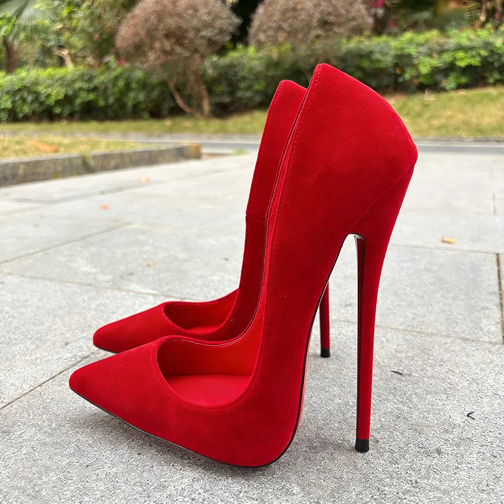 2026 Customize Side V Cut 16cm Ultra High Heels Matte Black Red inside Woman Pumps Curl Cut Slip on Pointed toe T-stage Shoes