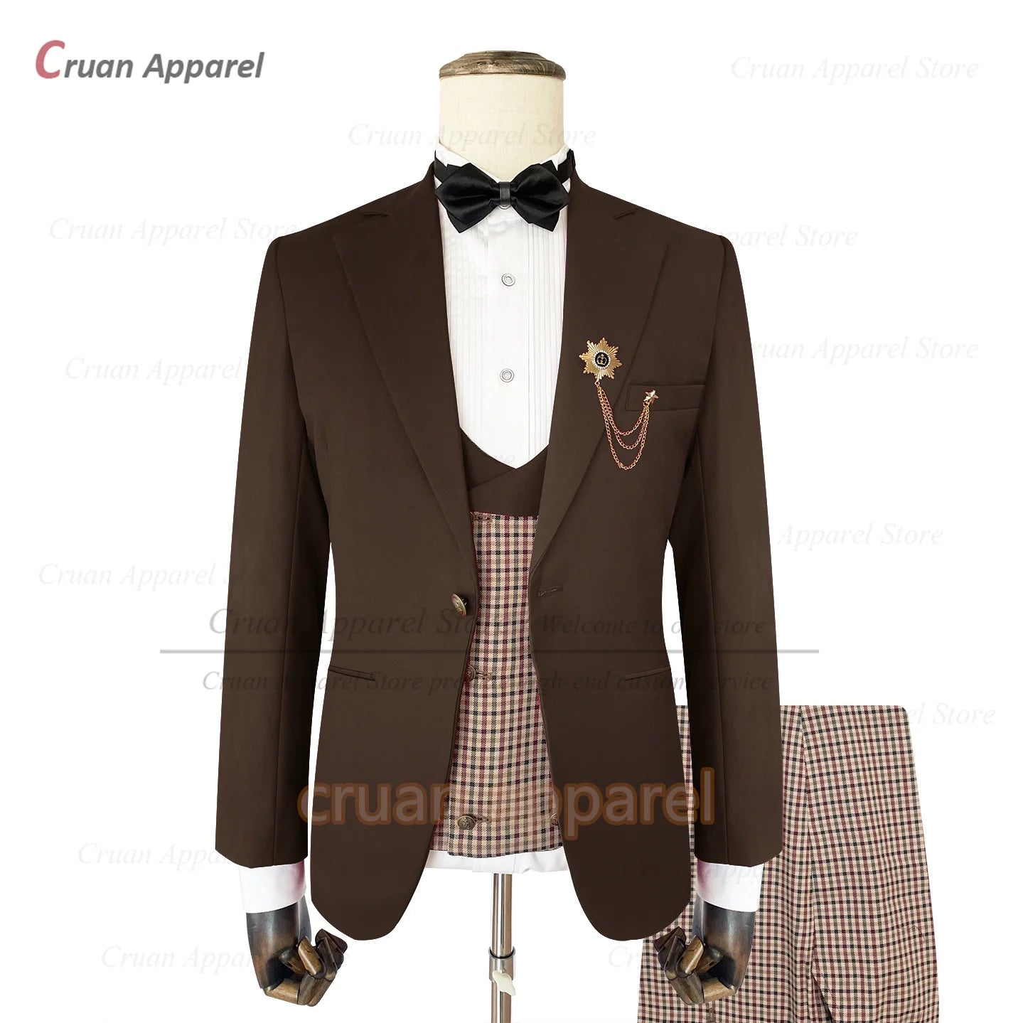 Classic Brown Suit Sets For Men Fashion Checkered Blazer Vest Pants 3 Pieces Formal Party Tailor-made Elegant Slim Fit Costumes
