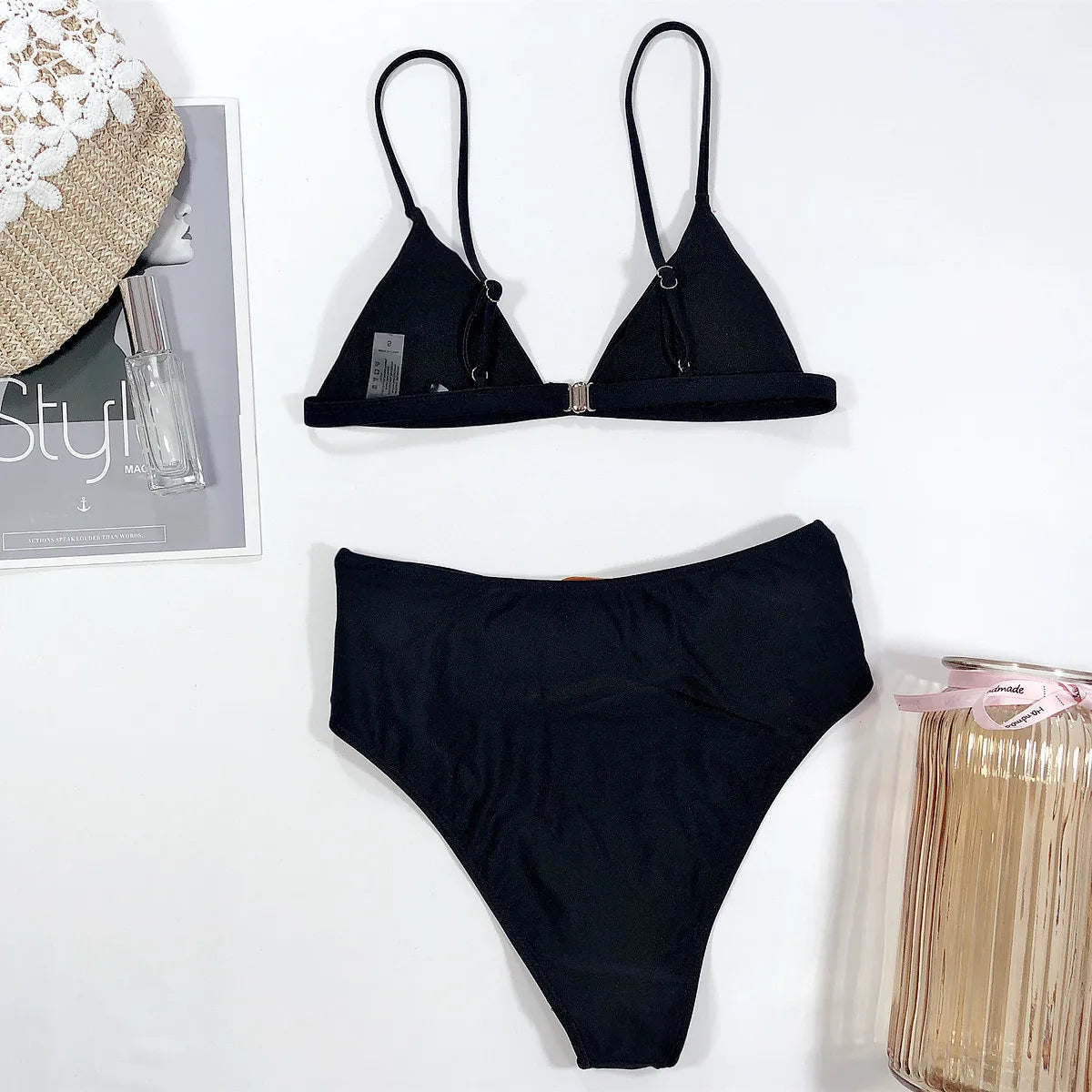 Sexy Bikini Women Swimwear Swimsuit Plain Black High Waist Belt Decor Bikinis Set Bathing Suit Beach Bikini Taille Haute Female