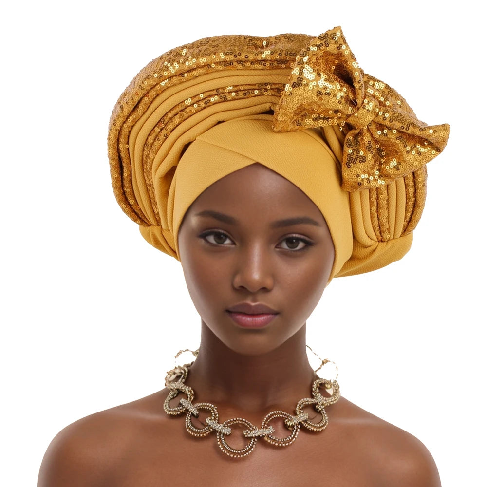 Sweet Bowknot Auto Gele Headtie for Women African Head Wraps Lady Party Headpiece Female Sequins Turban Cap
