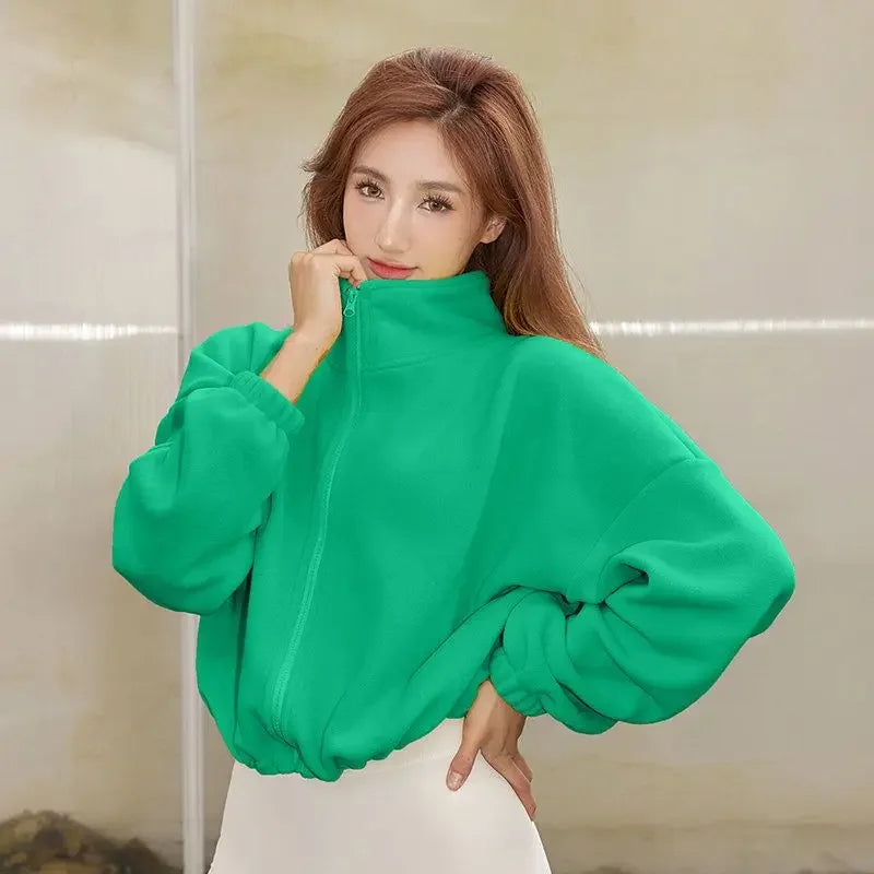 Women Loose Cropped Jacket Loose Zipper Sweatshirt Y2k Long Sleeve Coat Cardigan Sportswear Streetwear Drawstring Tops Clothing