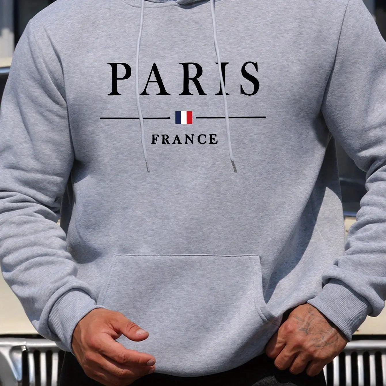 Men's autumn and winter casual fashion loose Paris letter pattern printed long sleeved hooded sweatshirt warm pullover BAZAARHUBO