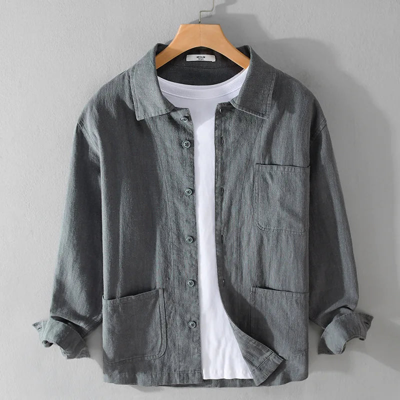 Autumn Retro Tooling Linen Jacket For Men Japanese Styles Sold Color Simple Versatile Multi-pocket Male Thin Jackets and Coats