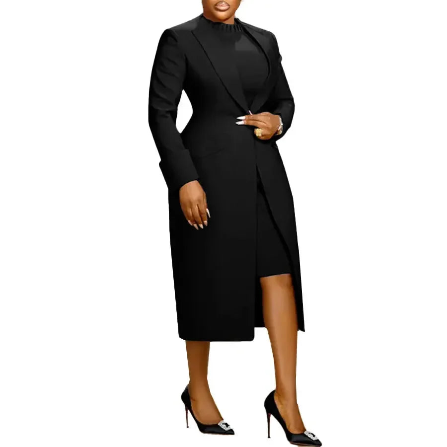 HLJ High Quality Elegant Office Lady Blazer Two Piece Sets Women Lapel Long Sleeve Coat And Slim Dress Outfit Female Clothing