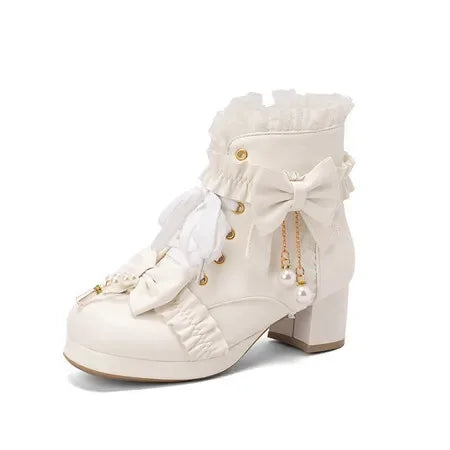 Lolita Great Quality Block High Heels Women Ankle Boots White Shoes Lace Decor Lace Up Chunky Heeled Bow Boots for Women Verclo