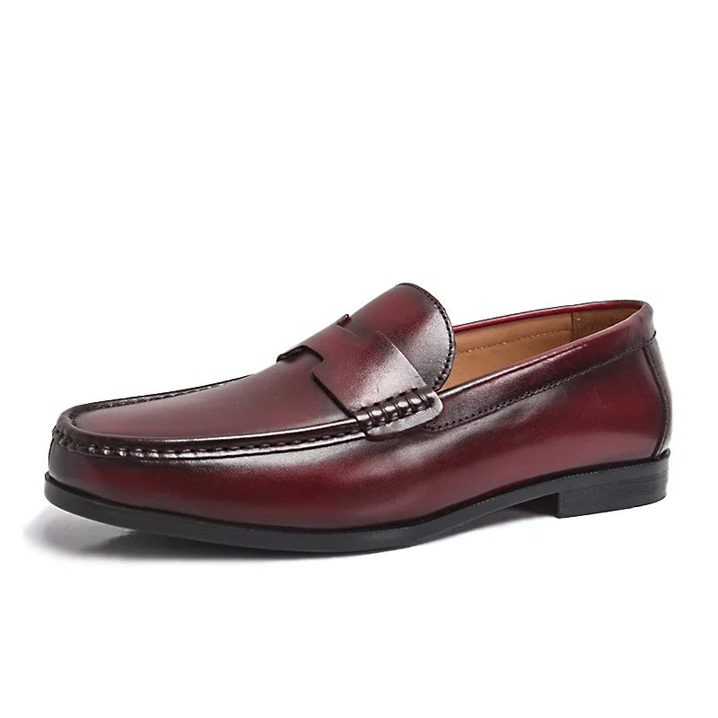 Men's High-End Genuine Leather Loafers Comfortable Flat Casual Glossy Wine Red Handmade Office Banquet Shoes