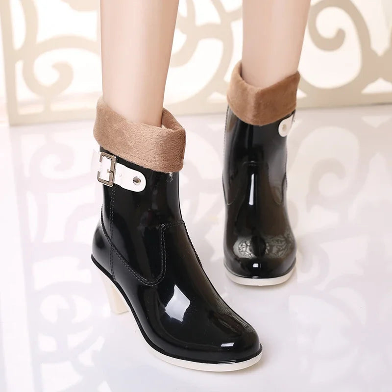 High-heeled Women Rain Boots Wellies Women Female Rainboots Women with Warm Liner