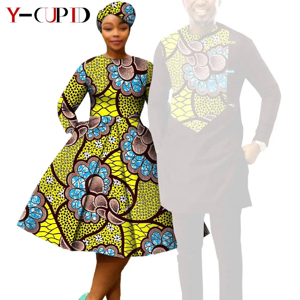 African Print Dresses for Women with Headwrap Matching Couple Outfits Dashiki Men Long Sleeve Pathwork Top and Pant Sets Y23C004