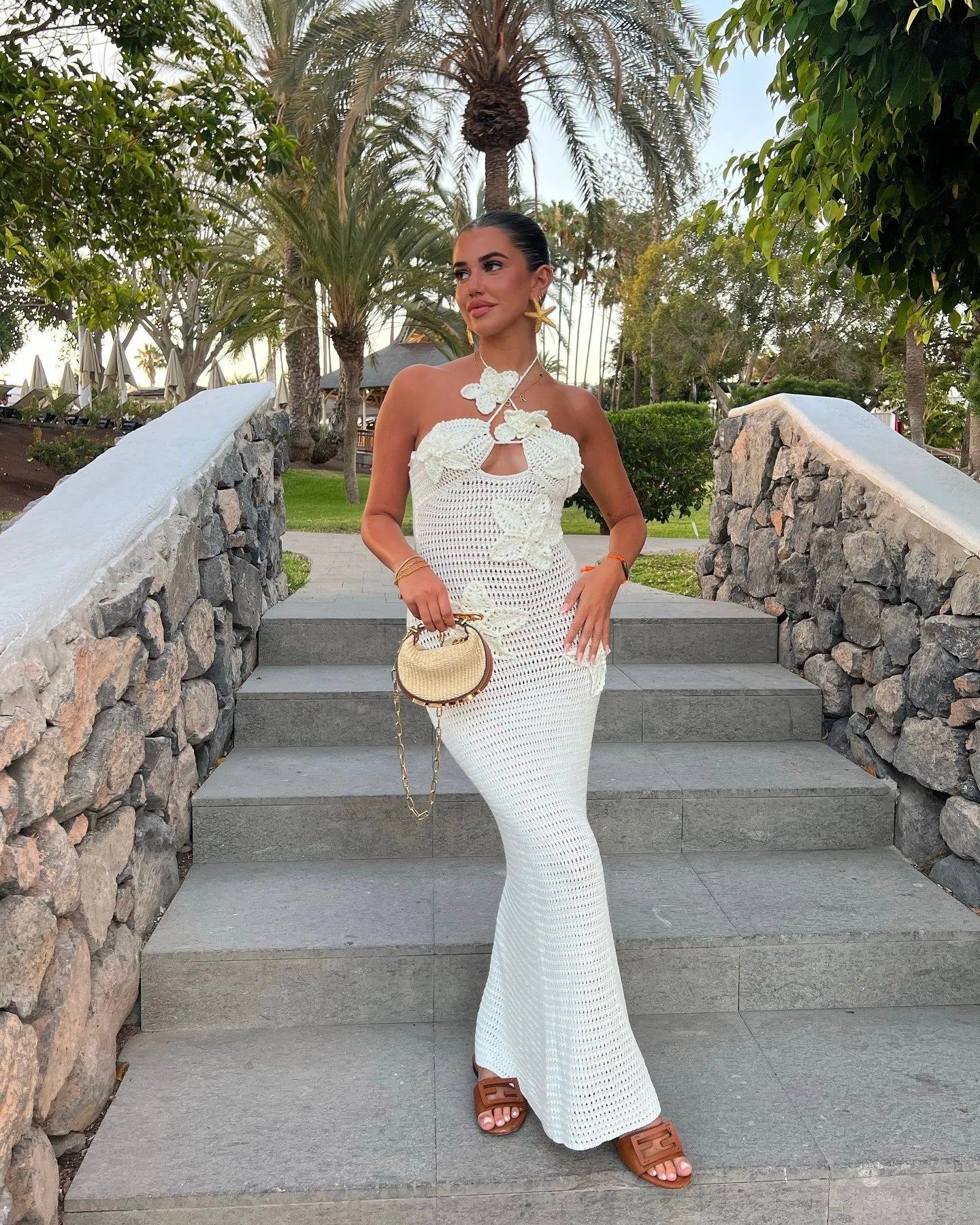 Sexy 3D Flower Knitted Dress Women Hollow Out Halter Sleeveless Beach Long Dresses Female 2024 Summer Vacation Ladies Vestidos