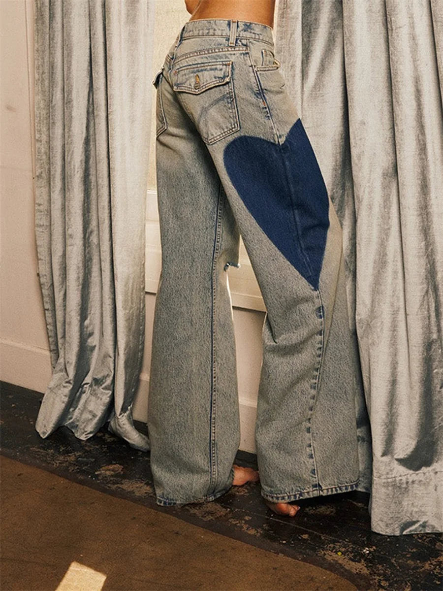 Combhasaki Womens Y2K Ripped Wide-Leg Jeans Heart Shaped Print Loose Fit Trousers Button Low Waist Denim Long Pants with Pockets