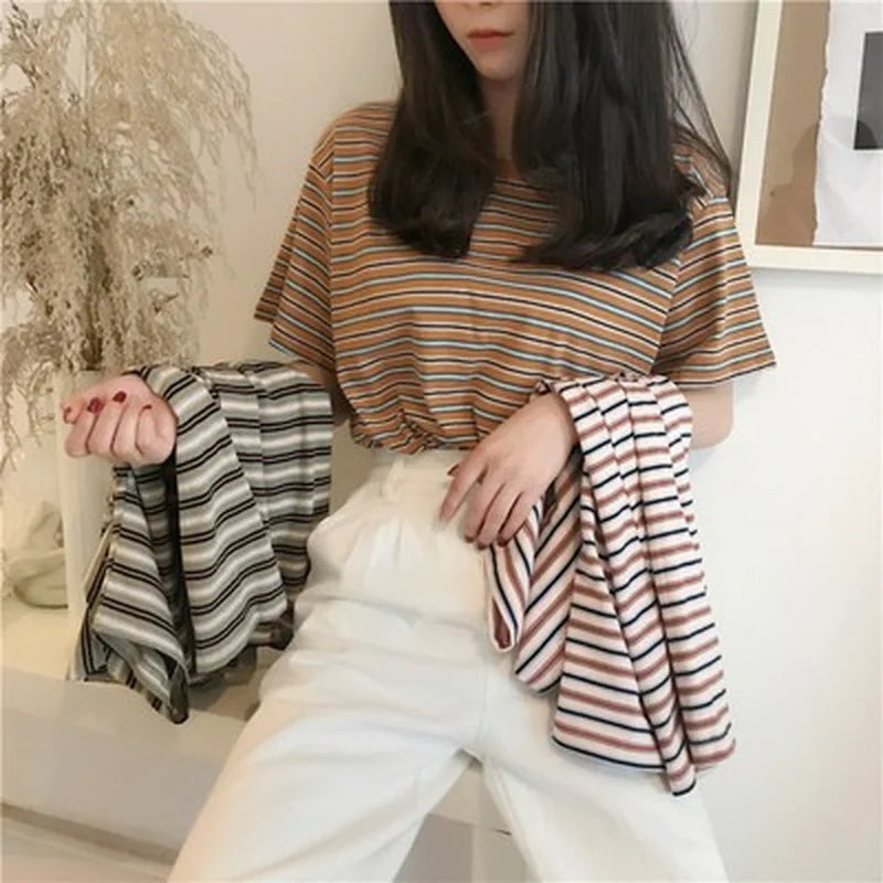 MRMT 2026 Brand New Women's Striped t-Shirts Contrast Color Striped Women t Shirt Loose Woman Bottoming Shirts Tops Tees