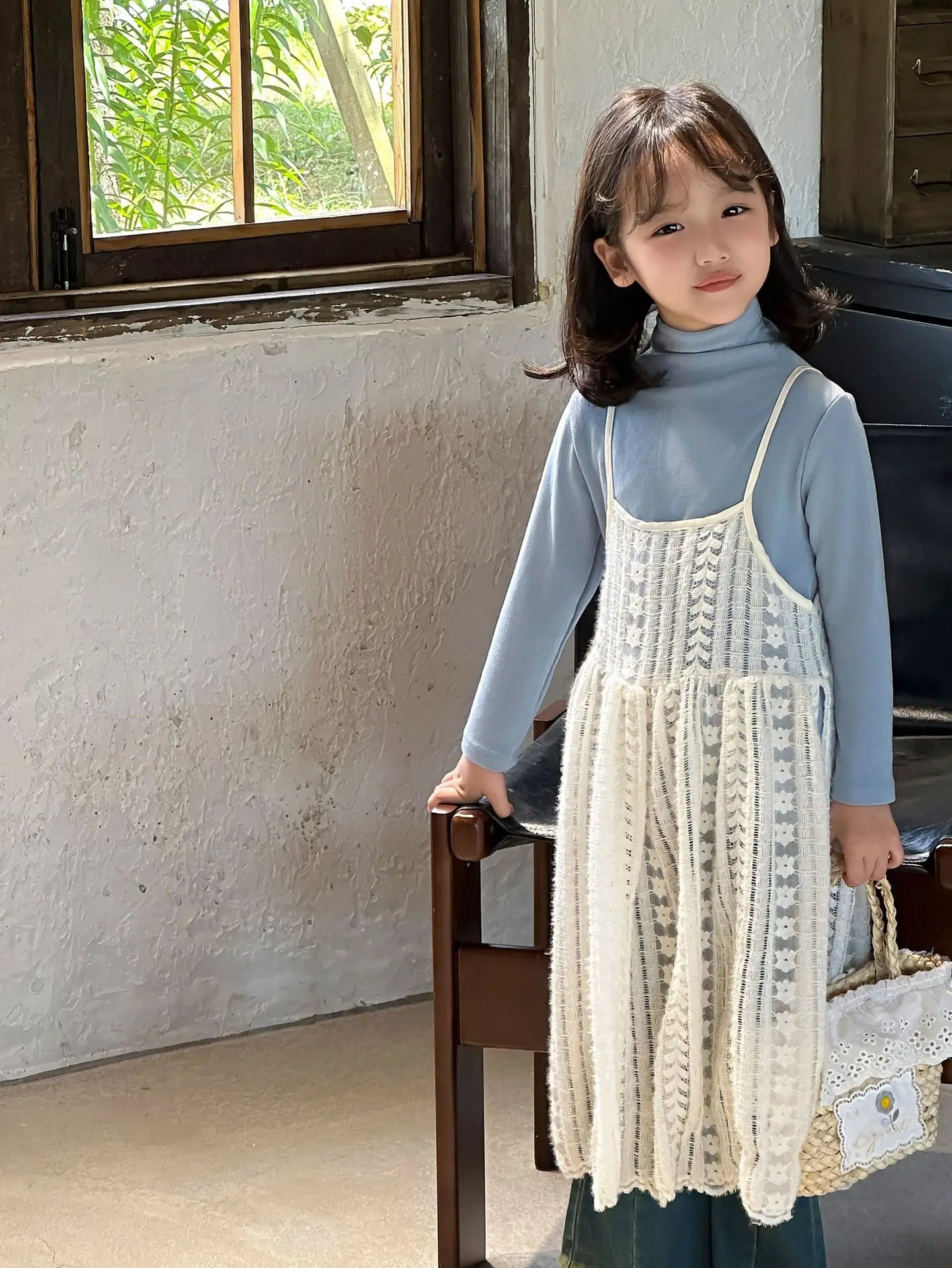 Girl Casual Dresses Autumn Winter Childrens Clothing New Korean 2026 Lace Camisole Skirt Washing Retro Make Old Jeans