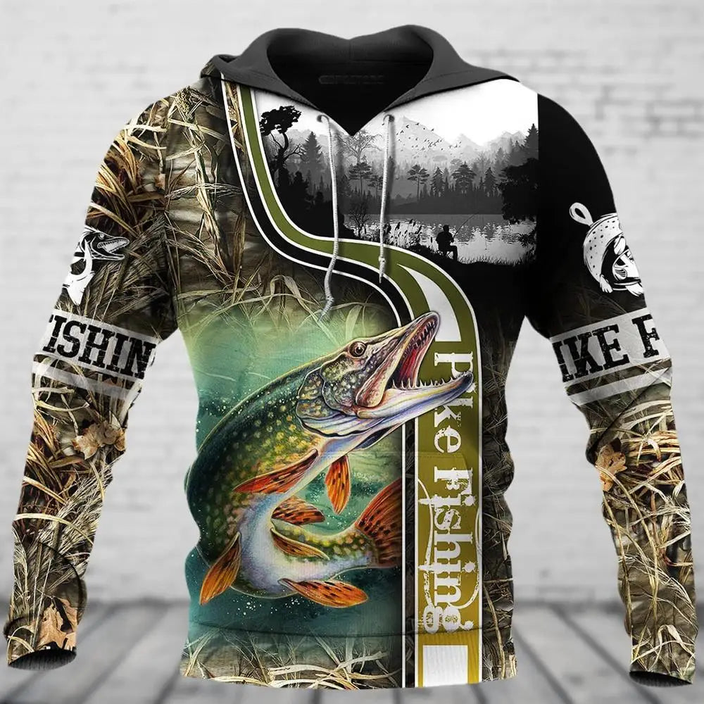 New Men's Clothing Outdoor Fishing Sweatshirt 3D Print Oversized Pattern Trim Street Funny Pullover Top