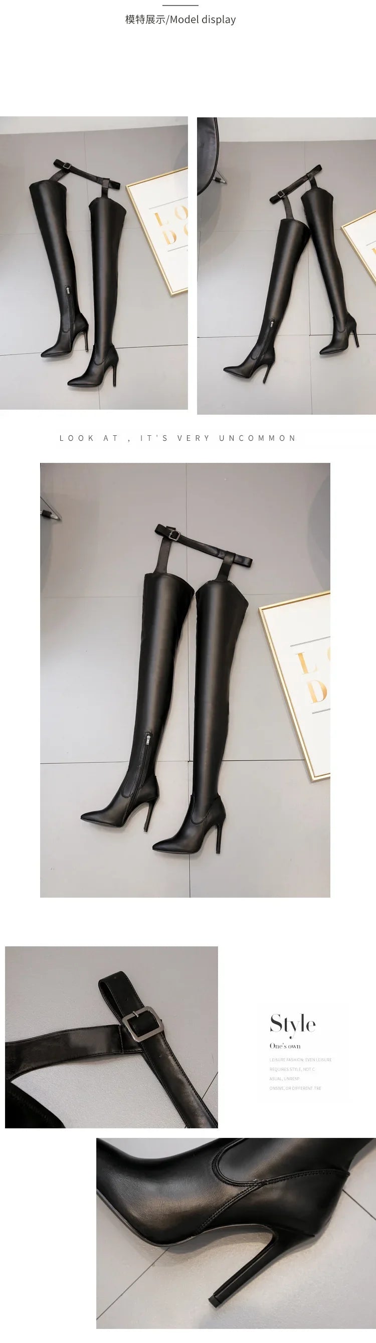 Women Chap Boots Stretch Zip Up Waist Belt Pointed Toe High Heels Boots Thigh High Shoes Sexy Ladies Stilettos Large Size 35-43