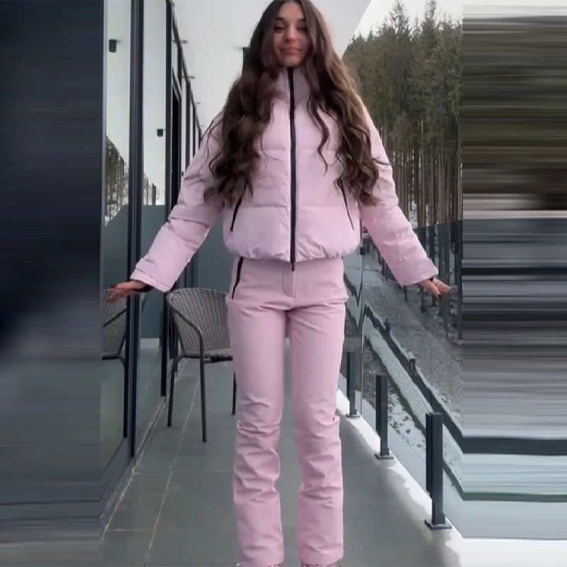 Women Hooded Zipper Short Skiing Cotton Jacket Long Sleeved Thick Warm Coat Comfortable Long Sports Pant 2025 New Lady Sport Set