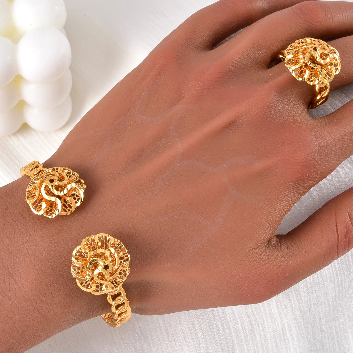 African Gold Plated Floral Cuff Bangle Ring Set for Women Arabic Pattern Daily Jewelry Gift