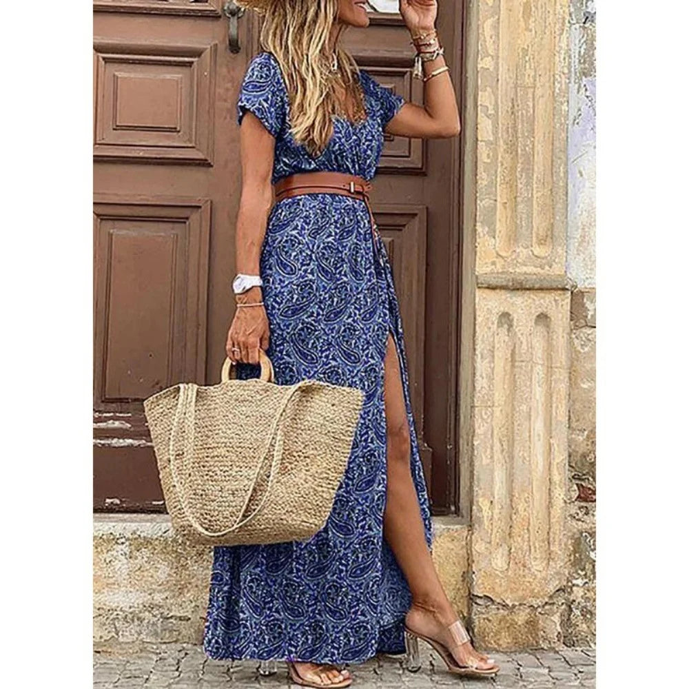 Women Summer Trend Holiday Dress Sexy Casual Elegant V-Neck High Slit Irregular Retro Vintage Print Slim With Belt Midi Dress