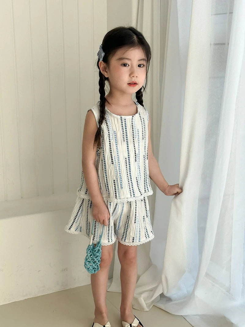 Summer Children's Vest Set Girls Lace Top Suit Kids Embroidered Striped Tank Top and Shorts 2Pcs Boys Casual Suit Sibling Outfit