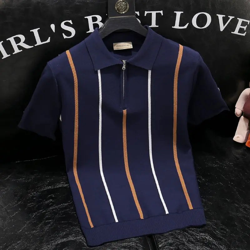 High-end Short-sleeved Men's British Retro Striped Slim Lapel Knitted Contrasting T-shirt 1/2 Pieces