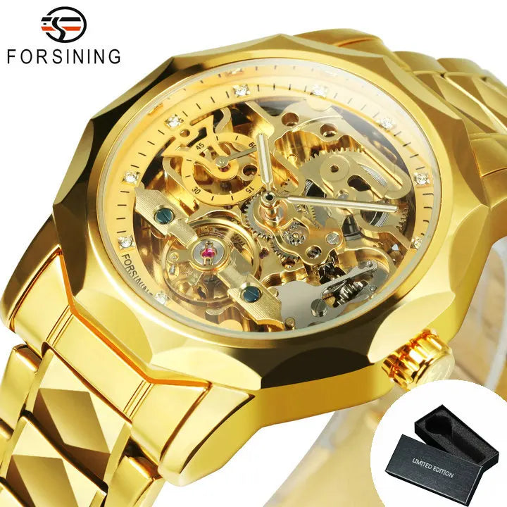 Forsining Fashion Tourbillon Skeleton Automatic Mechanical Watch for Men Luminous Hands Iced Out Watches Stainless Steel Strap
