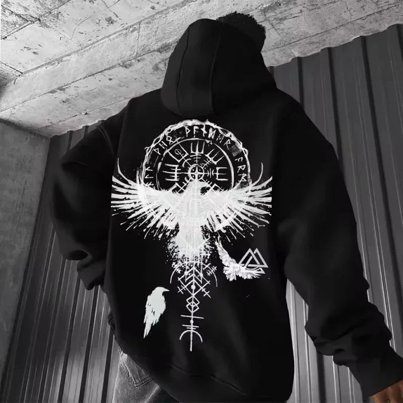 Men's Viking Totem Printed Hooded Sweatshirt Y2K Hooded Sweatshirt Loose Eagle Pattern Sportswear BAZAARHUBO
