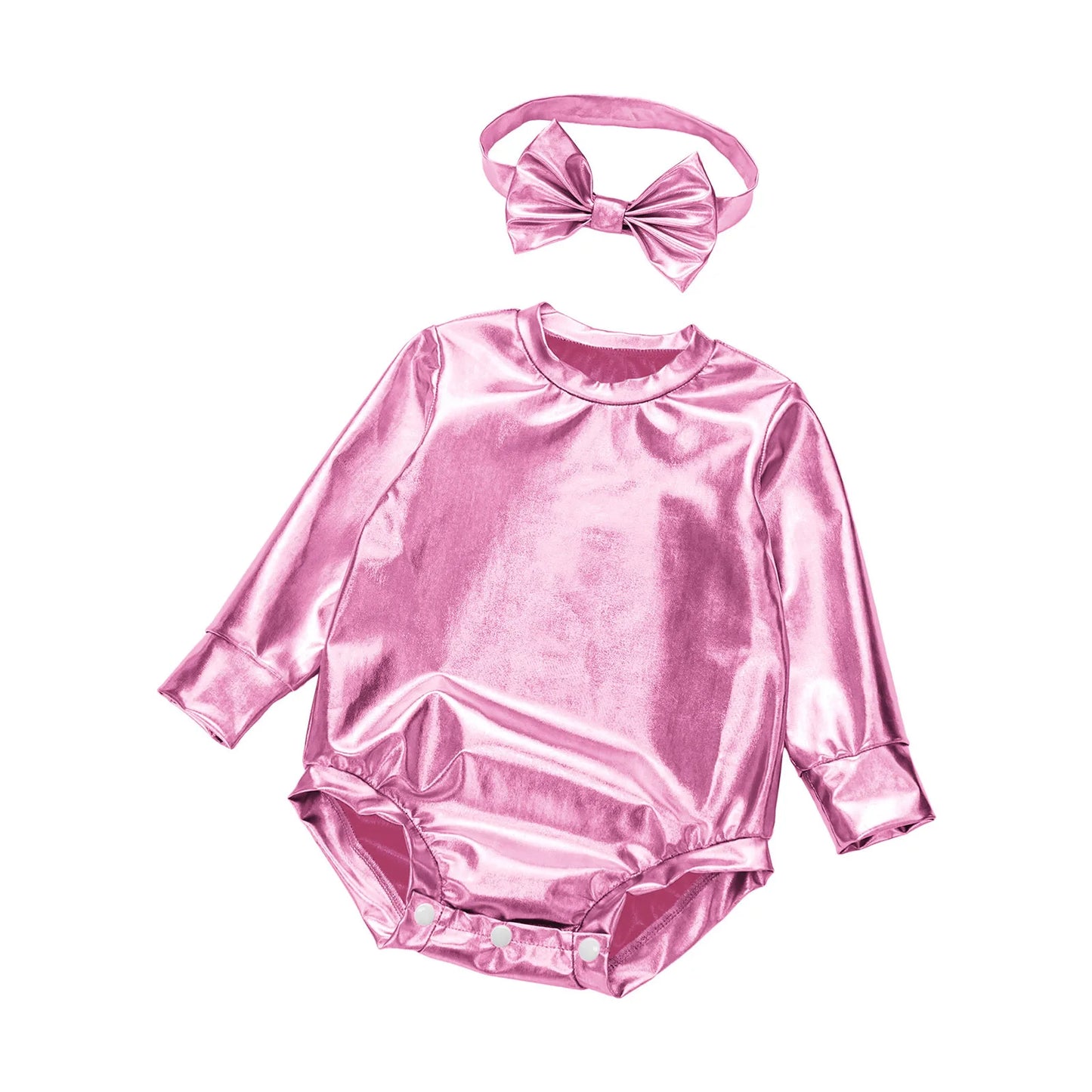 Baby Girls Long Sleeve Metallic Shiny Buttons Crotch Romper with Bow Headband Birthday Theme Party Photography Outfit Daily Wear