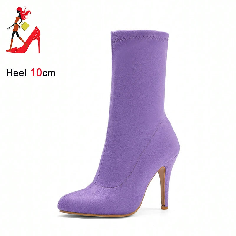 2023 Autumn Winter Sock Short Boots Lady Mid-Calf Thin High Heels Large Size 46 Fashion Women Shoes Elastic Flock Pointed Boots