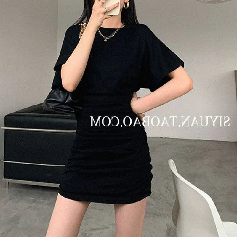 2025 Summer Lady Concise Fashion Ruched Wrap Hip Dress Women Solid Color Thin Short Skirts Female Chic Korean Sexy Party Dress