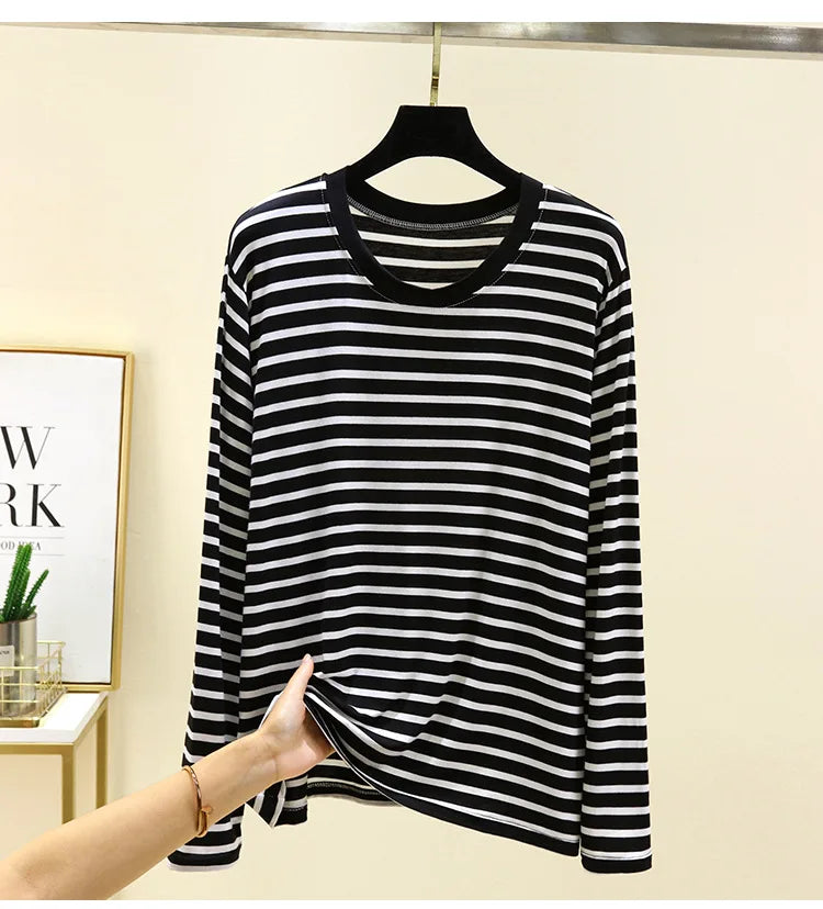 Spring Men Striped T-Shirt Loose and Versatile Sleepwear Round Neck Long Sleeved Top Casual Plus Size Simple Pajamas Homewear