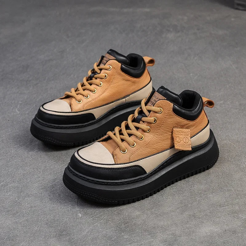 Myjyjz 4.5cm Cow Genuine Leather Women Spring Platform Wedge Flats Chunky Sneakers Lace Up Autumn Loafer Vulcanize Shoes Rubber