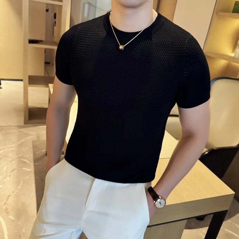 Summer Breathable T-Shirts For Men Korean Luxury Clothing O-Neck Short Sleeve Knitted Men's T Shirt Fashion Hollow Tops&Tees 3XL