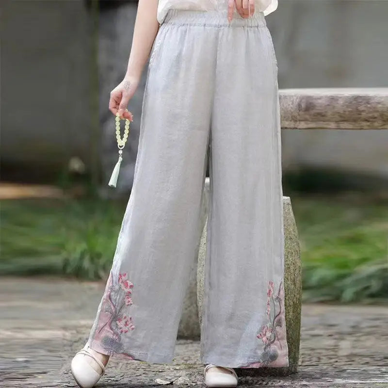 Chinese Style Vintage Embroidery Casual Trousers Women Summer Pants Literature Art National Style Retro Embroidery Bottoms