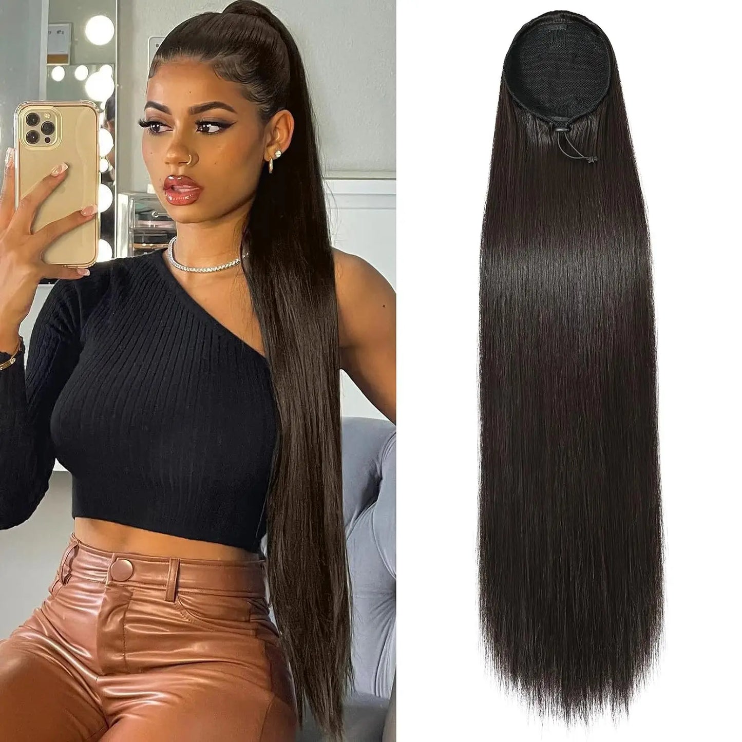 Long Straight Ponytail Extension Clip in,14/15/16 Inch Wrap Around Ponytail Heat Resistant Synthetic Pony Tail Hair